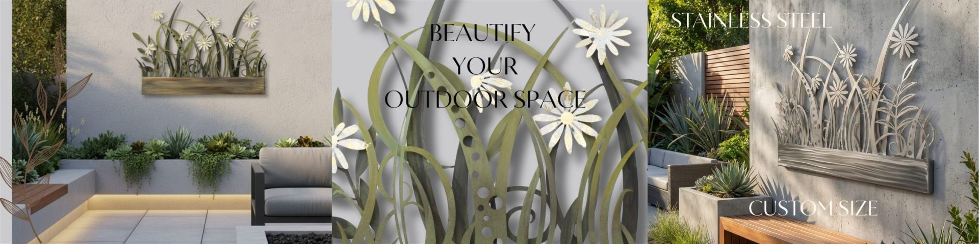 This outdoor space features modern decor elements including a white wall with built-in lighting, lush green plants, and custom-designed metal art in the shape of flowers and grass, made from stainless steel. There are comfortable seating areas with outdoor sofas, and a wooden bench adds a natural touch. The design emphasizes beautifying outdoor spaces with custom sizes and durable materials suitable for various outdoor environments, creating a stylish, serene, and inviting atmosphere.