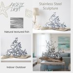 Collage featuring a stainless steel driftwood sculpture with natural textured fish. The sculpture sits on a piece of driftwood and is displayed in different settings, including a bright coastal living room and a modern shelf with sea-inspired decor. The artwork blends organic wood and sleek metal, ideal for indoor or outdoor use. Decorative elements like starfish and seashell illustrations enhance the oceanic theme, highlighting the driftwood art’s versatility and elegance.