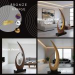 Modern bronze sculptures in stylish living rooms, featuring gold, chrome, and metallic finishes for elegance.
