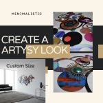 A modern, minimalist interior featuring a vibrant, abstract metal wall art with colorful circles, spirals, and layered shapes. The artwork brings a lively, artsy vibe to the clean, white wall. The room includes a black sofa, a gray rug, and large windows allowing natural light, creating a stylish and contemporary space perfect for showcasing bold, colorful decor.