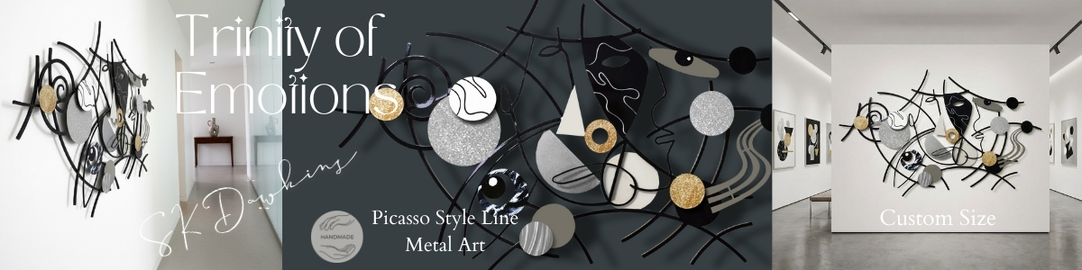 Contemporary space with a vibrant Picasso-inspired wall art piece, showcasing fragmented faces and geometric forms in vivid blue, gold, and black. This unique metal sculpture enhances the hallway’s modern look, paired with simple furnishings and bright lighting for a creative gallery-like feel.