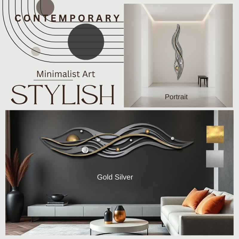 This image showcases two examples of contemporary wall sculptures designed for modern, luxurious interiors. The top section features a minimalist, abstract portrait sculpture mounted on a plain white wall within a small, clean, and well-lit space, emphasizing simplicity and elegance. The bottom section displays a sophisticated gold and silver wave-like sculpture installed above a sleek console table in a stylish living room with dark accent walls, modern furniture, and decorative accessories. The overall aesthetic highlights the use of metallic finishes, clean lines, and minimalist design, perfect for upscale homes and interior spaces curated by professional designers.
