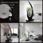Sleek abstract sculptures in gloss black, graphite grey, and chrome style, displayed in modern living rooms.