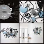 A modern hallway features a striking Picasso-style wall sculpture in blue, black, and silver. Abstract faces and swirling lines give it a dynamic Cubist flair, with textured circles and metallic accents. The piece stands out against a crisp white wall, complemented by a minimalist console and sculptural decor.