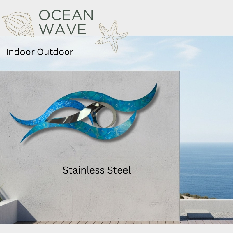 blue coastal ourdoor sculpture Blue and silver abstract wave-shaped metal artwork displayed on a pale wall overlooking the sea. The sculpture is described as "Stainless Steel" with icons of a shell and starfish, and labeled "Elegant Wave." The setting combines modern decor with a nautical touch, suitable for both indoor and outdoor spaces.