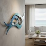 A contemporary living room with a modern abstract wall sculpture in blue and silver metallic tones mounted on a light-colored wall. The sculpture features flowing, wave-like shapes with a central circular mirror accent. In the background, a white sofa with neutral cushions sits by a wooden coffee table topped with a vase of white flowers. Natural light streams in through a large window, revealing a view of the ocean and sky, creating a bright, serene coastal ambiance.