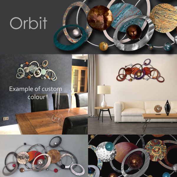 Collage displaying Orbit sculpture in multiple colour combinations, showcasing custom finishes and interior styles