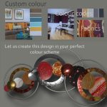 A digital design infographic showcasing custom interior color schemes. The top section features color palette samples for walls, fabric, and accents, labeled "Custom colour," "Colour codes," and "Fabrics." The middle section contains text inviting viewers to create personalized color schemes, reading, "Let us create this design in your perfect colour scheme." The bottom section displays a 3D abstract sculpture composed of interconnected rings and spheres in various textures and colors, emphasizing creativity and customization in interior design.