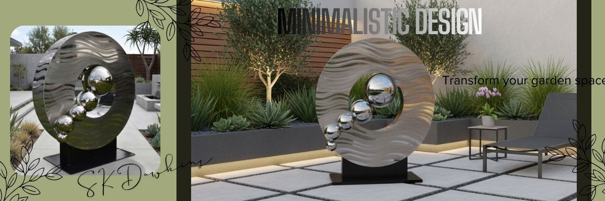 This modern minimalist garden sculpture features a circular, textured metal ring with a sleek, wave-like pattern. Inside the ring are five polished, reflective silver spheres that appear to be floating or cascading through the center of the sculpture. The piece is mounted on a sturdy black base, designed for outdoor durability. Placed in a contemporary garden setting with lush greenery and minimalist patio furniture, this sculpture adds a stylish, artistic focal point to outdoor spaces, transforming the environment with its sleek, reflective design.

