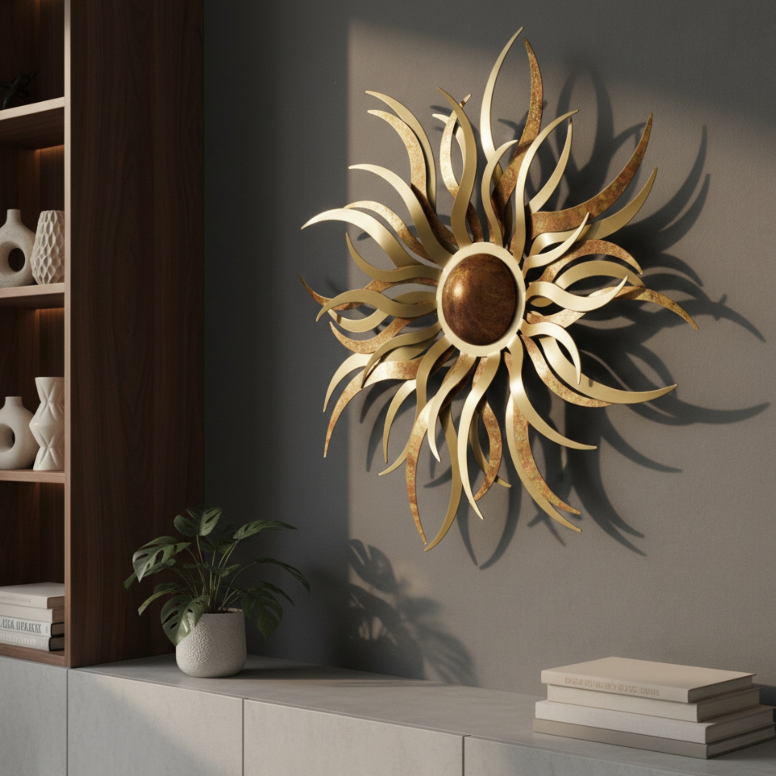 A striking gold and bronze sunburst wall sculpture is mounted on a gray wall in a modern interior. The artwork features swirling, layered rays radiating from a circular center, creating a bold three-dimensional effect. Natural light casts dramatic shadows behind the piece. To the left, a wooden shelf displays neutral vases and decor, and a small plant sits on the console below, adding warmth and elegance to the stylish space.