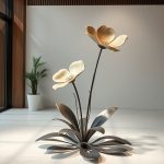 "Large indoor metal flower sculpture with two cream-toned blossoms and sculptural leaves, perfect for modern botanical décor."