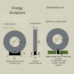 This technical diagram shows dimensions and construction details of an energy sculpture made from stainless steel. It features two circular base designs with diameters of 1200 mm and 900 mm, both with 545 mm inner holes. The sculpture has a height of 1000 mm and a side elevation of 1300 mm, with optional holes for mounting. The base includes a fillable post concrete foundation with a 127 mm diameter tube for ground insertion. Material specifications, dimensions, and optional features are clearly illustrated.