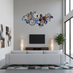 A modern, minimalist living room featuring a white sofa facing a wall-mounted TV. Above the TV, there is a colorful, abstract metal wall art with swirling circles and layered shapes. On either side of the TV, there are tall, white floor lamps. To the right, a large green potted plant adds a touch of nature. Natural light floods the space through floor-to-ceiling windows, creating a bright and airy atmosphere. A patterned rug anchors the seating area, complementing the clean, contemporary design.