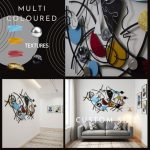 A modern hallway features a bold Picasso-style metal sculpture on the wall, with swirling black lines and abstract shapes in blue, yellow, red, and gold. The multi-coloured textures create a playful Cubist effect. Framed prints and minimalist furniture complement the artistic vibe, making the space feel lively and unique.