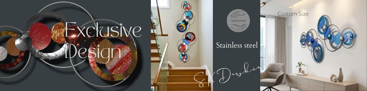 A collage of modern decorative wall art pieces featuring circular designs in blue, red, and metallic tones, with descriptions highlighting their custom size, stainless steel material, and handmade craftsmanship, displayed in stylish interior settings.