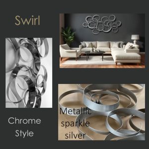Metallic Swirl wall sculpture with interlocking rings mounted above neutral modern sofa