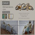 Informational graphic for Orbit wall sculpture with size options, available in teal, gold, and custom colours, including installation features