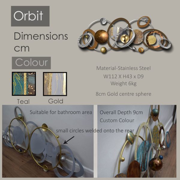 Informational graphic for Orbit wall sculpture with size options, available in teal, gold, and custom colours, including installation features