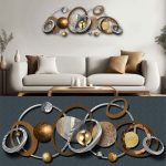 Close-up and wide view of Orbit sculpture in gold and teal colourway, showing dimensional metalwork above a white sofa