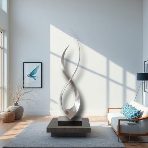 This modern, abstract sculpture features two sleek, twisting metallic spirals intertwined in a dynamic, flowing design. Positioned on a dark rectangular base, the sculpture stands prominently in a bright, minimalist living room. The room is illuminated by natural sunlight streaming through large windows, casting geometric shadows on the white walls. Decor includes a framed bird artwork, a cozy white sofa with blue patterned pillows, a black wall lamp, and textured woven baskets, creating a stylish and peaceful ambiance.