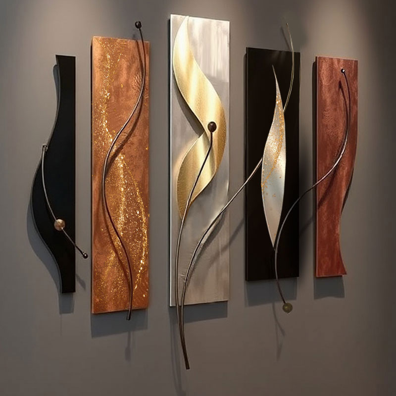 This is a modern, abstract wall art installation consisting of five vertical panels with textured, flowing designs. The panels feature a combination of bronze, black, copper, silver, and gold finishes, with curving metal accents and spherical elements that add depth and dimension. The artwork creates a dynamic, elegant visual effect suitable for contemporary interior decor, with a mix of shiny and matte surfaces enhancing the overall aesthetic.