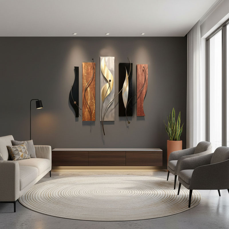 A modern living room with a gray accent wall, featuring five abstract vertical wall art panels with metallic and earthy tones. The room has a beige sofa with patterned cushions, two gray armchairs, a round light rug, a tall potted plant, a sleek floor lamp, and large windows with white curtains letting in natural light.
