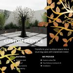 A modern courtyard featuring a gold copper metal tree sculpture centered in a square reflecting pool.