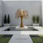A modern courtyard featuring a gold copper metal tree sculpture centered in a square reflecting pool.
