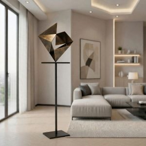 Bronze geometric floor sculpture with modern decor